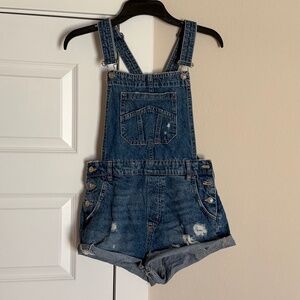 Women’s Distressed Denim Overall Shorts